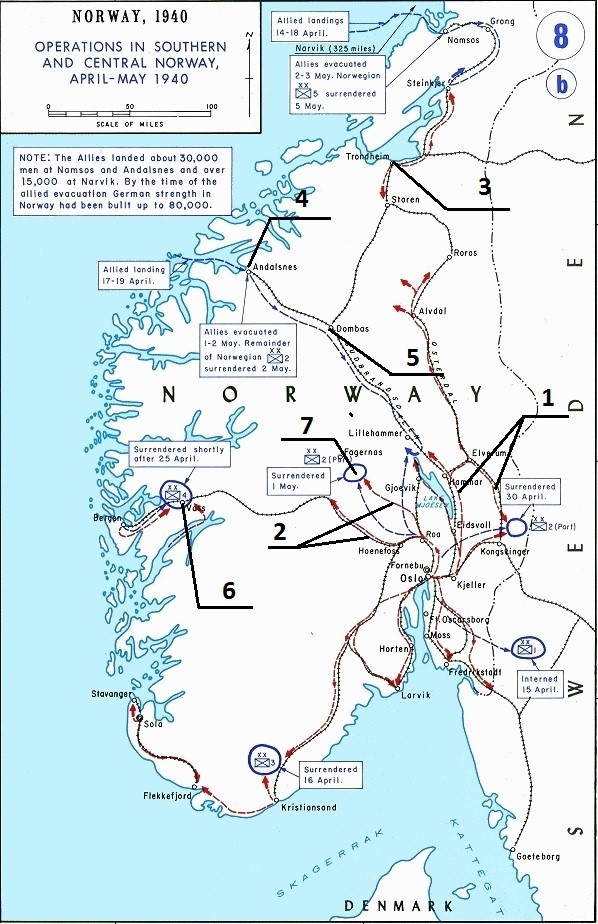 Карта сухопутных операций в центральной и южной Норвегии. Цифрами отмечены: 1 — Линия наступления боевых групп 169-й пехотной дивизии, 2 — Линия наступления боевых групп 163-й пехотной дивизии, 3 — Тронхейм, 4 — Ондальснес, место высадки «южной» группы войск союзников, 5 — Домбосс, ключевая точка на основном маршруте Осло-Тронхейм. 6 — Восс, мобилизационный центр 4-й пехотной дивизии норвежцев, 7 — Багн, место сражения между 4-й пехотной бригадой норвежцев и частями 163-й пехотной дивизии.