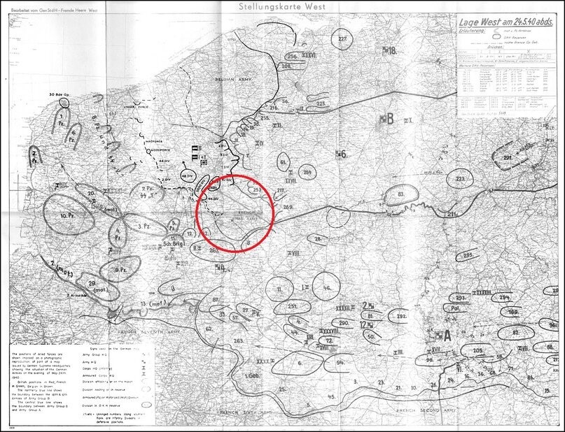 Положение немецких войск 24 мая 1940 года. Красным кругом выделено расположение 1-й французской армии.