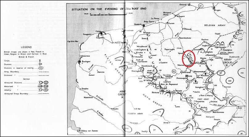 Положение на 26 мая 1940 года. Красным выделен удар трех немецких дивизий 6-й армии во фланг БЭК, парированный 5-й пехотной дивизией.