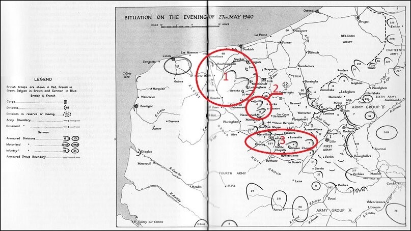 Немецкое наступление 27 мая 1940 года 1 — полоса корпуса Гудериана, 2 — Полоса корпуса Рейнгарда, 3 — Наступление группы Гота