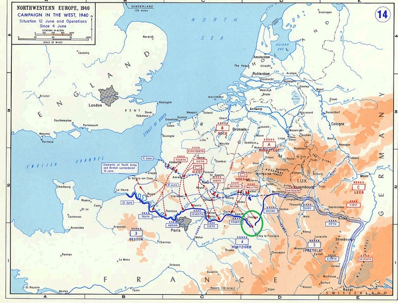 Положение войск на 12 июня 1940 года. Зеленым выделено место прорыва Гудериана в Шампани