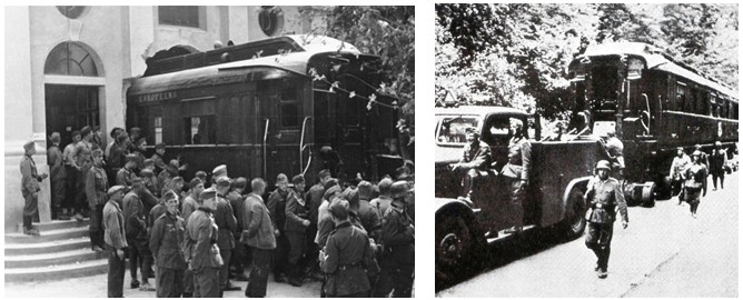 Подпись: Компьенский вагон немецкие солдаты вывозят из музея в Париже сквозь пролом в стене и доставляют его в Компьенский лес для подписания капитуляции Франции перед Германией           22 июня 1040 года