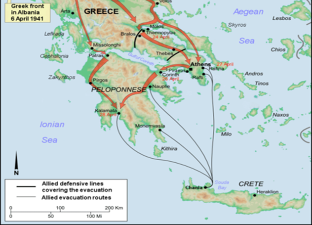 Наступление сил «Оси» и пути эвакуации сил Союзников на Крит.